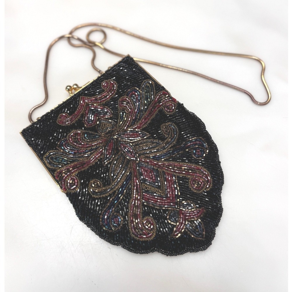 Andre Cellini Vintage Beaded Evening Bag Black Art Deco Gold Kiss‎ Lock Clutch